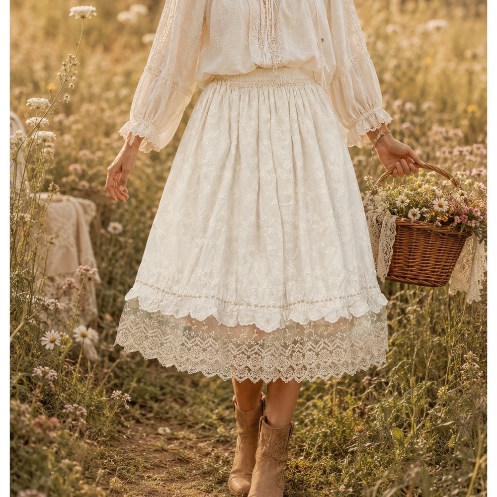 Jaded Gypsy Dream Of You Skirt Cream Cotton Lace Boho Prairie Midi L/XL xx